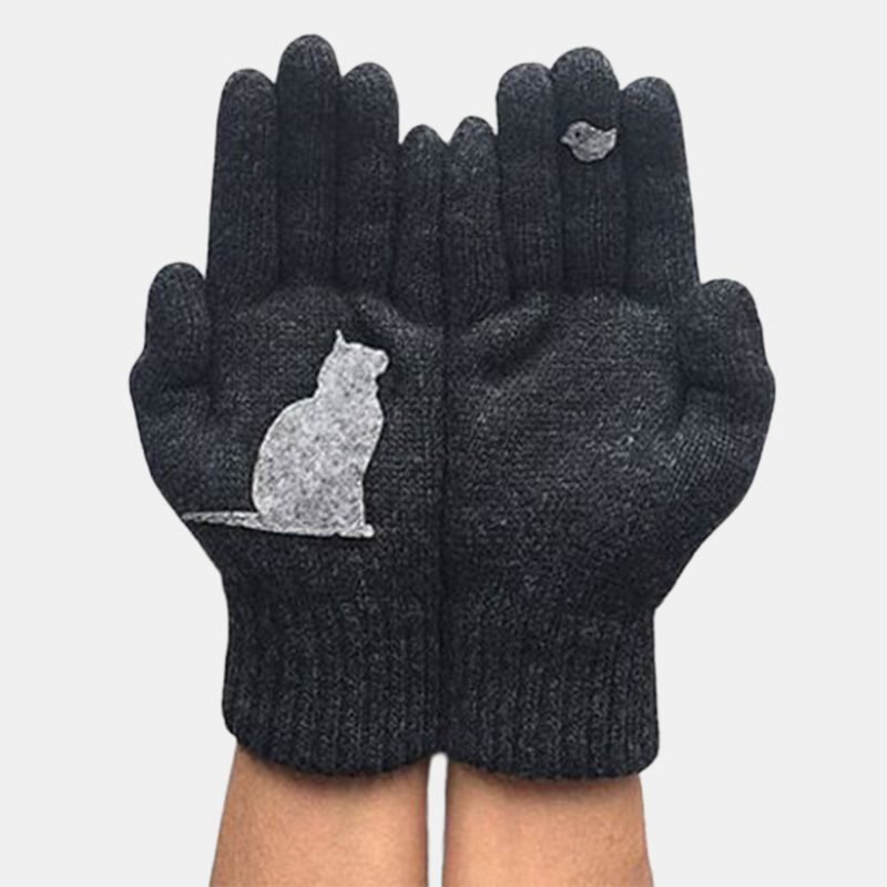 Guantes De Lana Para Mujer Otoño Invierno Guante Con Estampado De Gato Y Pájaro Acolchado Frío Al Aire Libre Al Aire Libre