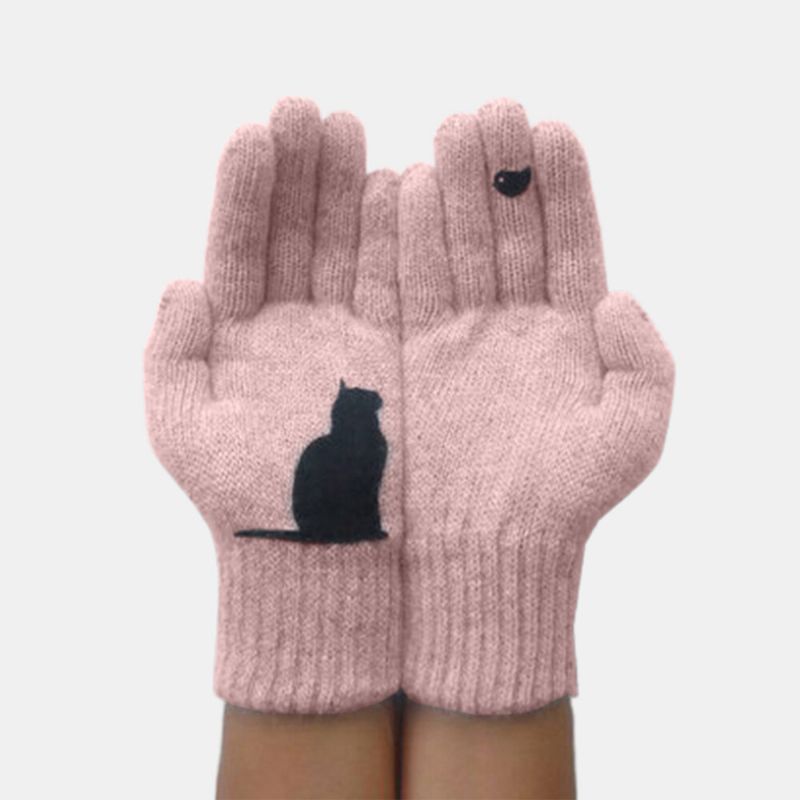 Guantes De Lana Para Mujer Otoño Invierno Guante Con Estampado De Gato Y Pájaro Acolchado Frío Al Aire Libre Al Aire Libre