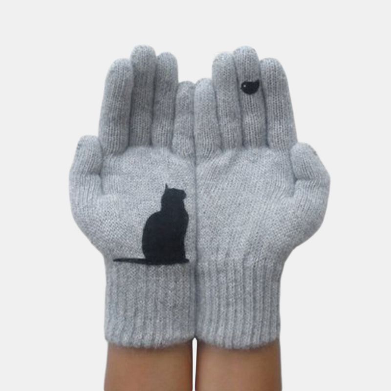 Guantes De Lana Para Mujer Otoño Invierno Guante Con Estampado De Gato Y Pájaro Acolchado Frío Al Aire Libre Al Aire Libre