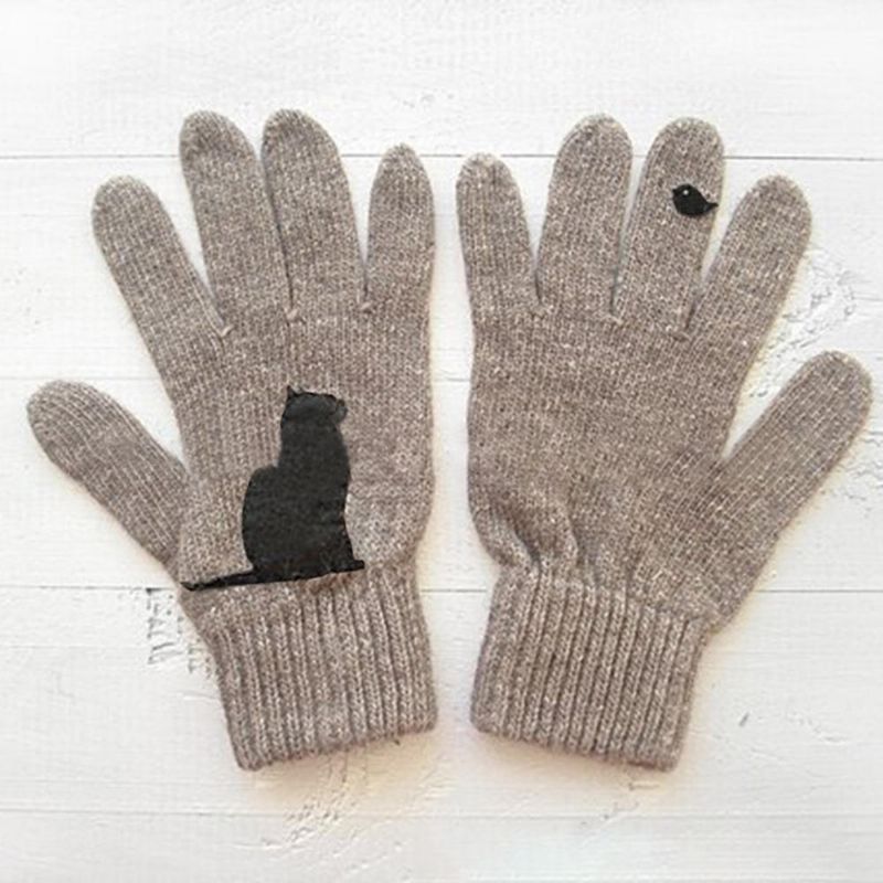 Guantes De Lana Para Mujer Otoño Invierno Guante Con Estampado De Gato Y Pájaro Acolchado Frío Al Aire Libre Al Aire Libre