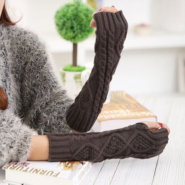 Guantes De Manga Larga Sin Dedos Cálidos De Invierno Para Mujer Guantes De Patrón Rómbico Informal