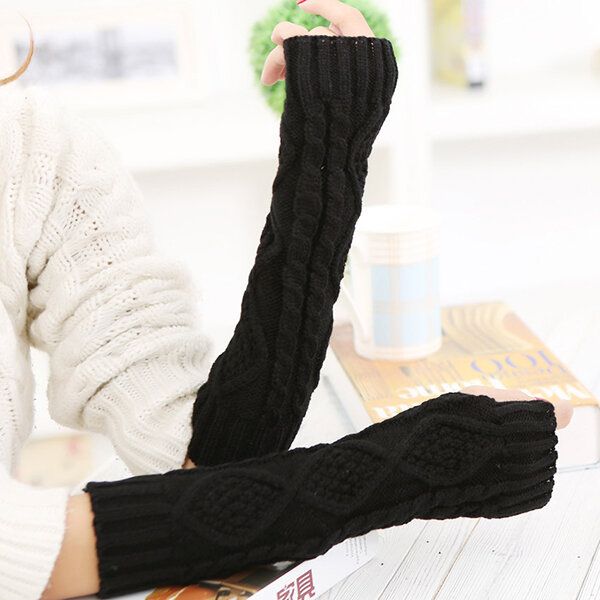 Guantes De Manga Larga Sin Dedos Cálidos De Invierno Para Mujer Guantes De Patrón Rómbico Informal