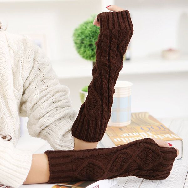 Guantes De Manga Larga Sin Dedos Cálidos De Invierno Para Mujer Guantes De Patrón Rómbico Informal