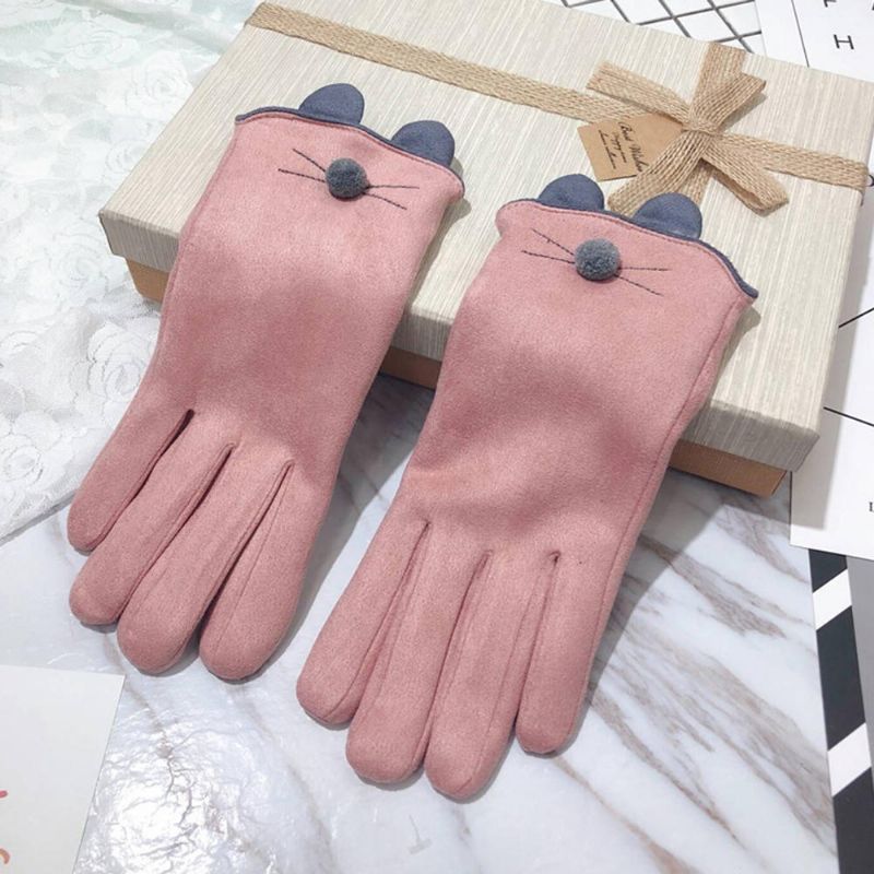 Guantes Para Mujer Guantes De Invierno Con Pantalla Táctil Más Guantes De Terciopelo Gruesos Y Cálidos Con Patrón De Gato Guantes De Cinco Dedos Para Conducir