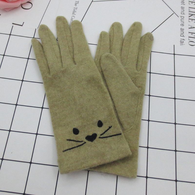 Mujeres Lana Pantalla Bordado Patrón De Gato De Dibujos Animados Mantener Abrigado Guantes Casuales De Moda