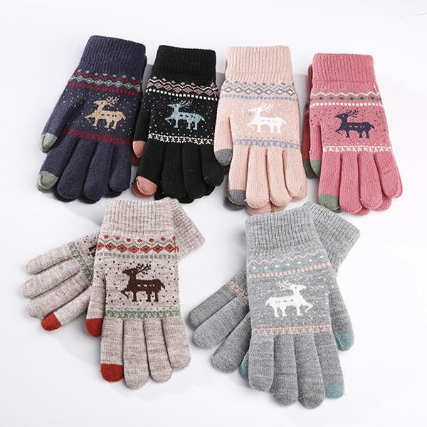 Mujeres Niñas Invierno Crochet Tejido Guantes Cálidos Pantalla Táctil Lindo Ciervo Impresión Mitones