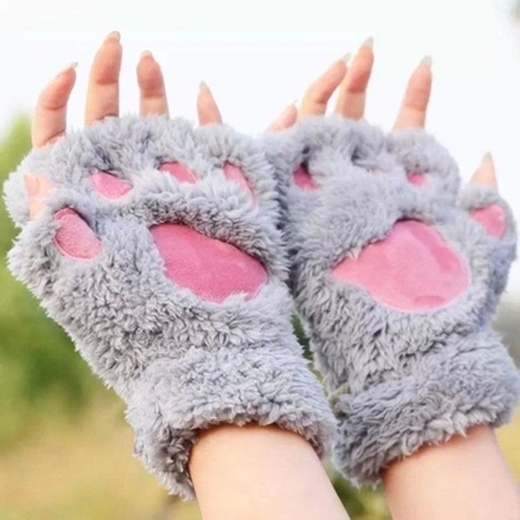 Mujeres Niñas Mullido Oso De Peluche Pata De Gato Guantes Sin Dedos Guante De Pata Guantes De Invierno Cálidos