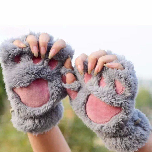 Mujeres Niñas Mullido Oso De Peluche Pata De Gato Guantes Sin Dedos Guante De Pata Guantes De Invierno Cálidos