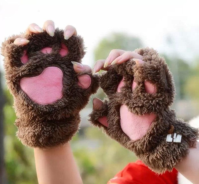 Mujeres Niñas Mullido Oso De Peluche Pata De Gato Guantes Sin Dedos Guante De Pata Guantes De Invierno Cálidos