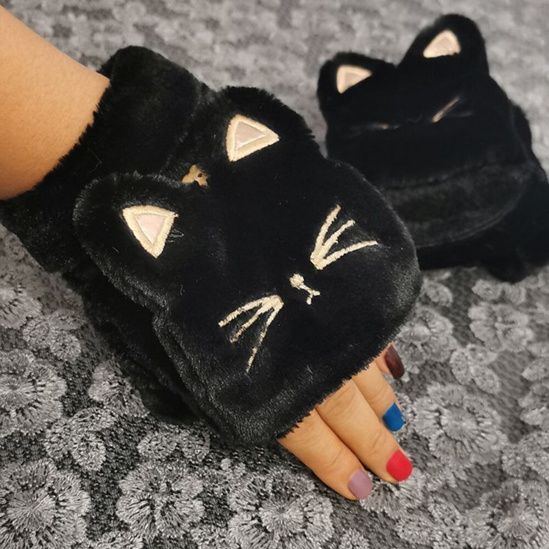 Mujeres Plush Plus Thicken Cute Cartoon Cat Pattern Mantener Calientes Los Guantes De Medio Dedo