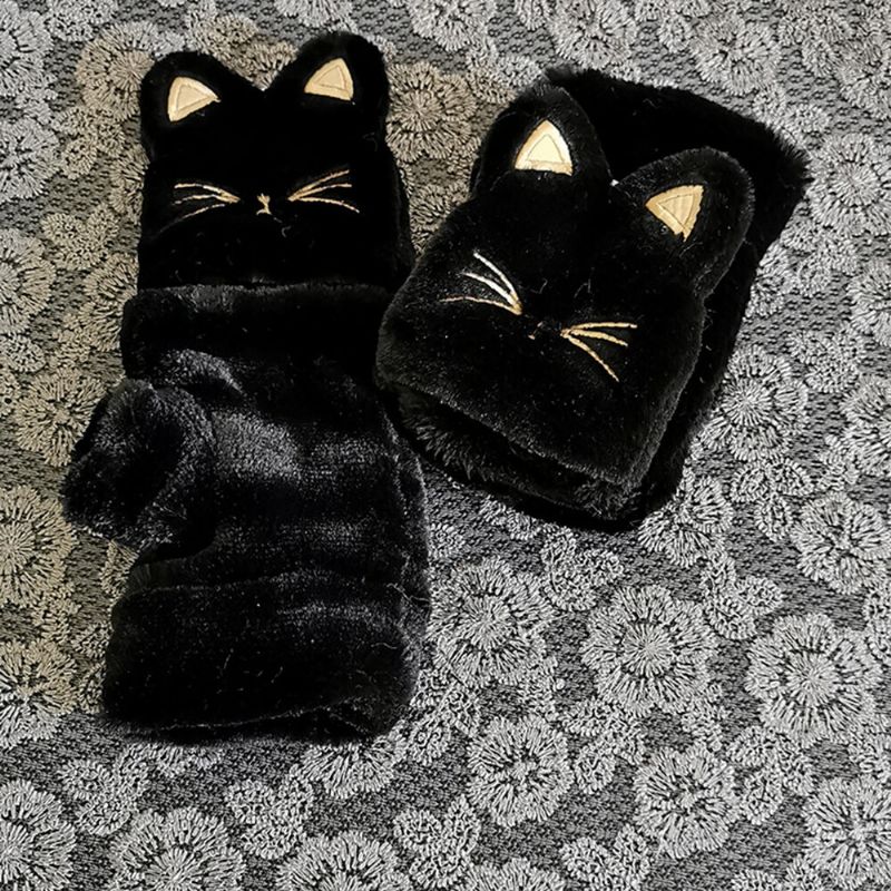 Mujeres Plush Plus Thicken Cute Cartoon Cat Pattern Mantener Calientes Los Guantes De Medio Dedo