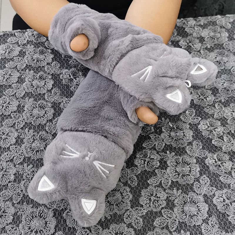 Mujeres Plush Plus Thicken Cute Cartoon Cat Pattern Mantener Calientes Los Guantes De Medio Dedo