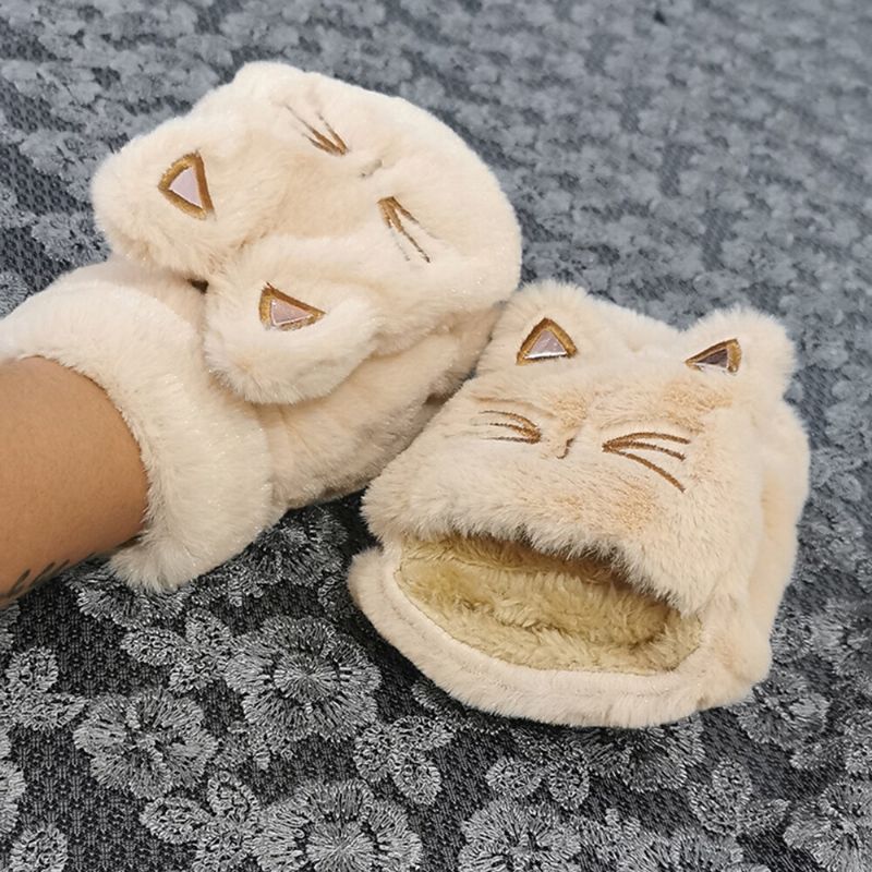 Mujeres Plush Plus Thicken Cute Cartoon Cat Pattern Mantener Calientes Los Guantes De Medio Dedo