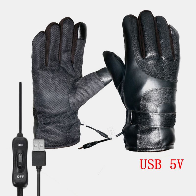 Unisex Carga Usb Calefacción Exterior Invierno Coche Eléctrico Montar Mantener El Agua Caliente Guantes De Cuero A Prueba De Viento