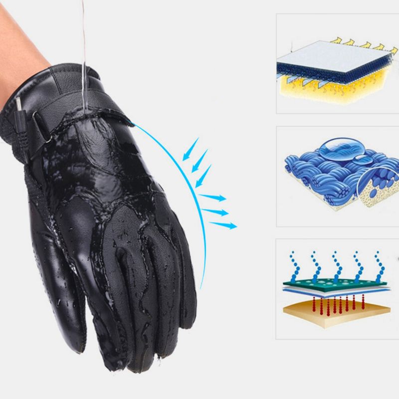 Unisex Carga Usb Calefacción Pantalla Táctil Al Aire Libre Invierno Coche Eléctrico Montar Mantener El Agua Caliente Guantes De Cuero A Prueba De Viento