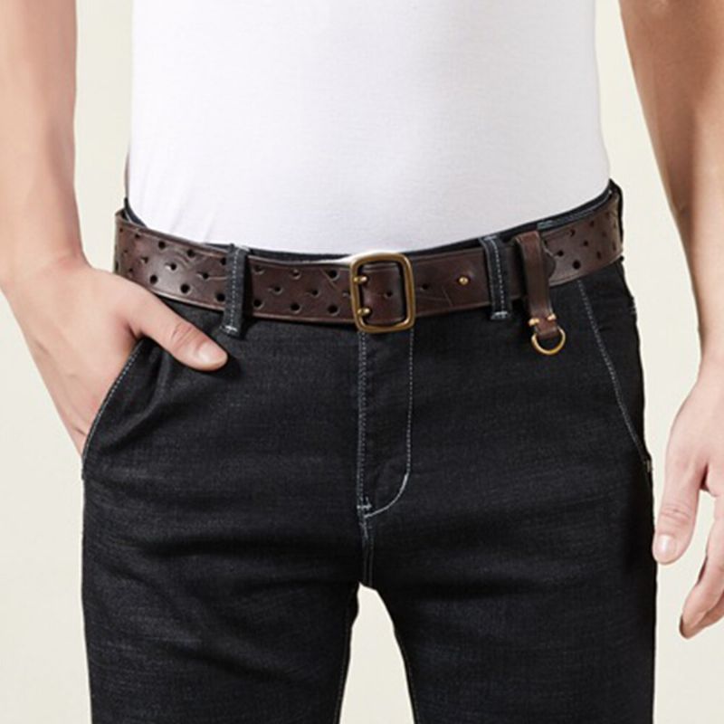 Hombres De Cuero Genuino Hueco 120 cm Retro Doble Hebilla De Pasador Mate Transpirable Trajes De Jeans Cinturón