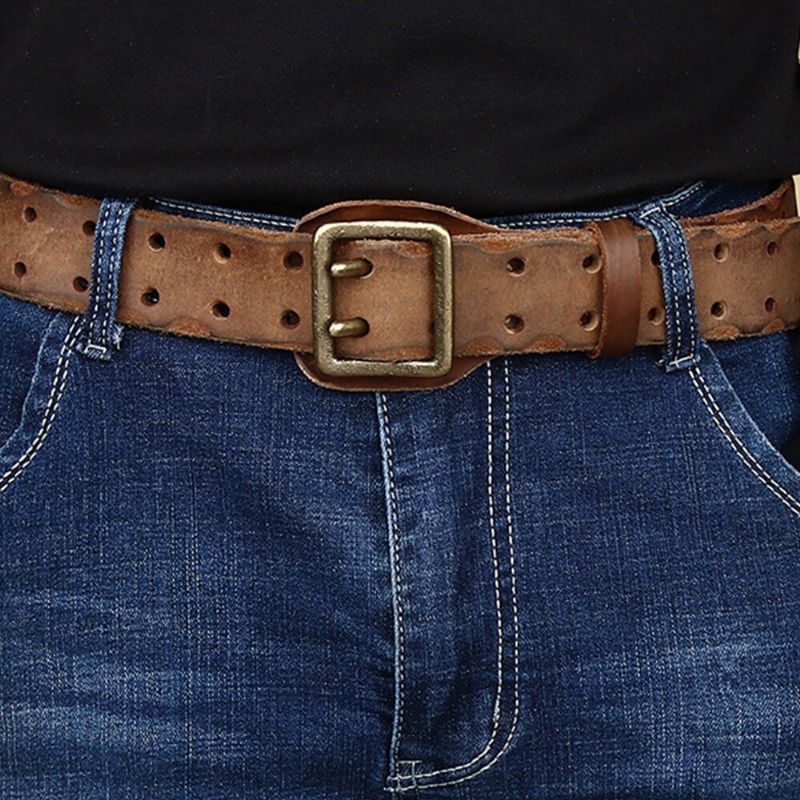 Hombres De Cuero Genuino Hueco 120cm Anti-alérgico Hebilla De Doble Pasador Transpirable Trajes De Jeans Cinturón