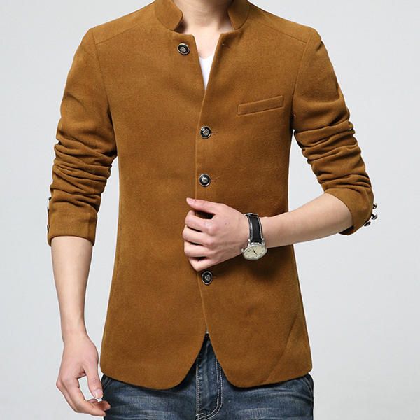 Abrigo De Traje De Cuello Alto De Lana De Corte Slim Casual Para Hombre