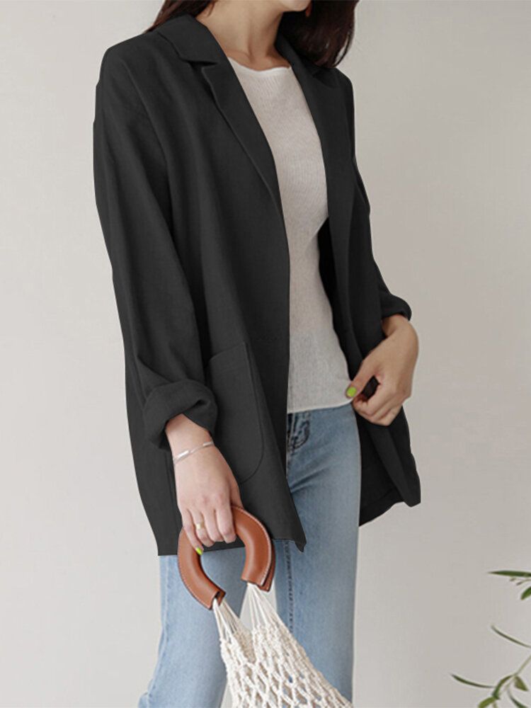 Blazer De Manga Larga Con Estilo Informal Y Cuello Vuelto Liso Para Mujer Con Bolsillos