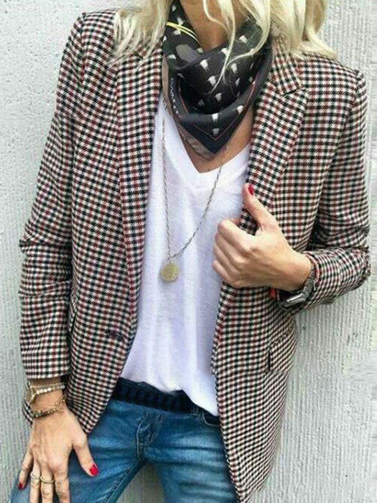 Blazers Casuales De Bolsillo Con Cuello Vuelto A Cuadros Para Mujer