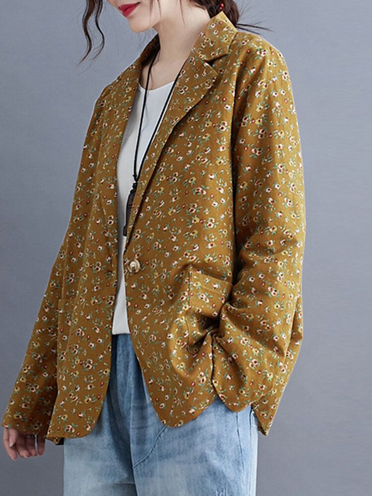 Blazers Casuales De Un Solo Pecho Con Estampado Floral De Algodón Vintage Para Mujer