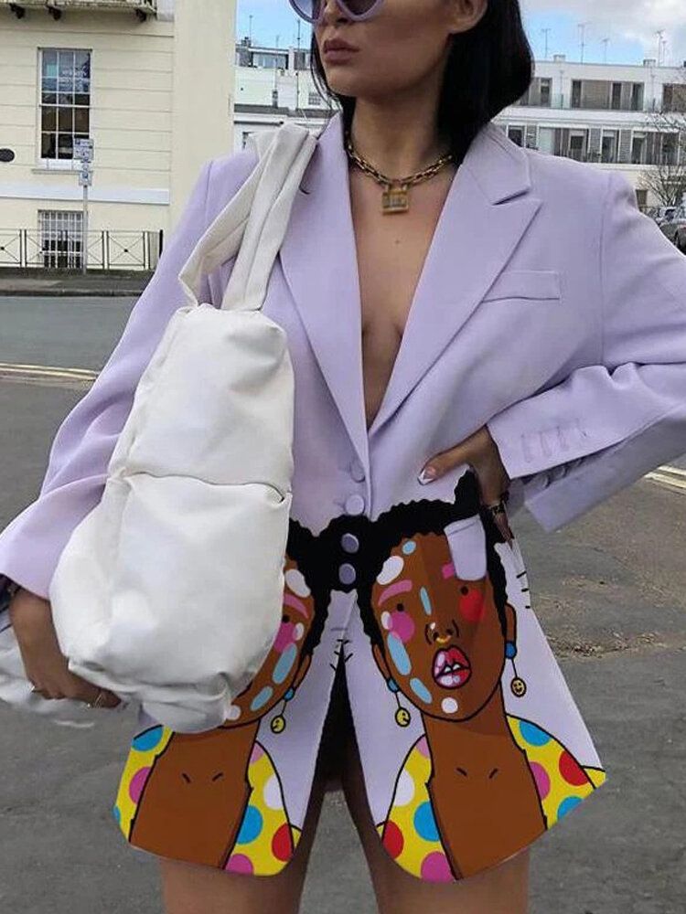 Blazers De Manga Larga De Casaul Con Solapa En Contraste Y Estampado De Figuras Para Mujer