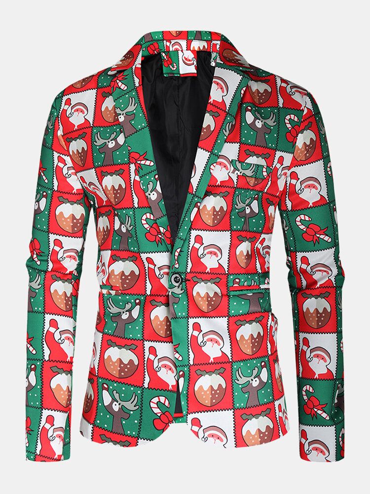 Chaqueta Con Estilo De Un Solo Pecho De Algodón Con Estampado De Elemento Navideño Para Hombre