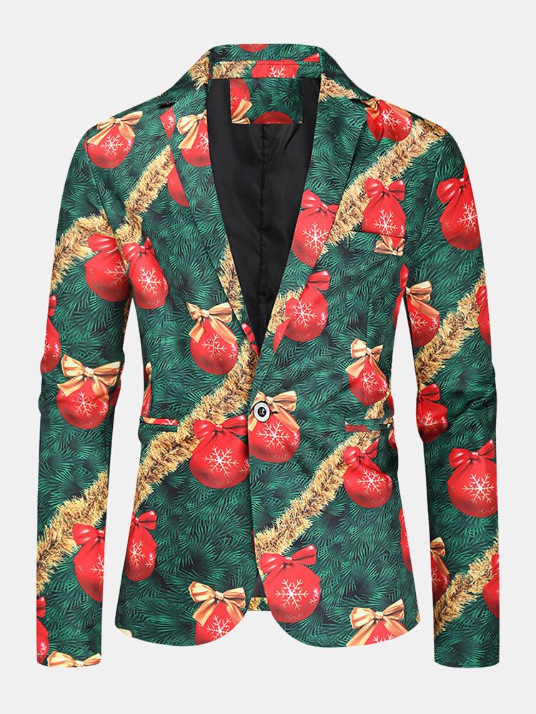 Chaqueta Con Estilo De Un Solo Pecho De Algodón Con Estampado De Elemento Navideño Para Hombre