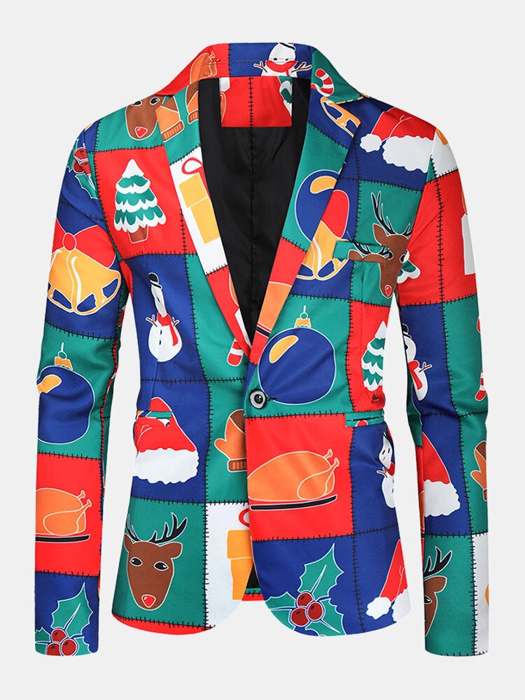 Chaqueta Divertida De Fiesta De Un Solo Pecho Con Estampado De Elemento Navideño De Dibujos Animados Para Hombre