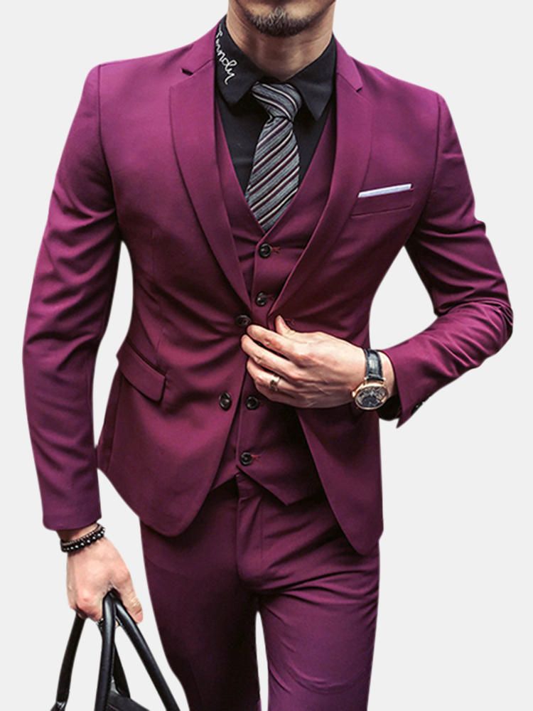 Traje De Chaqueta De Corte Slim De Color Sólido De Tres Piezas Para Hombre