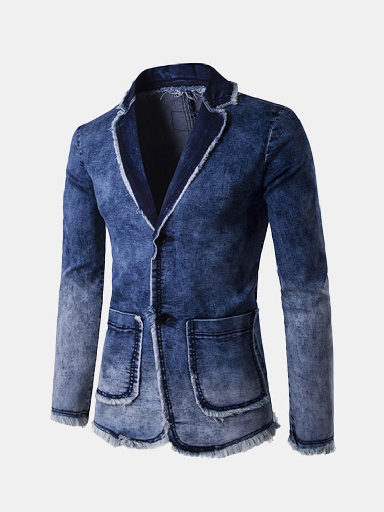 Trajes Azules De Negocios Casuales Blazers Lavados De Mezclilla Con Borlas De Color Degradado De Moda Para Hombres