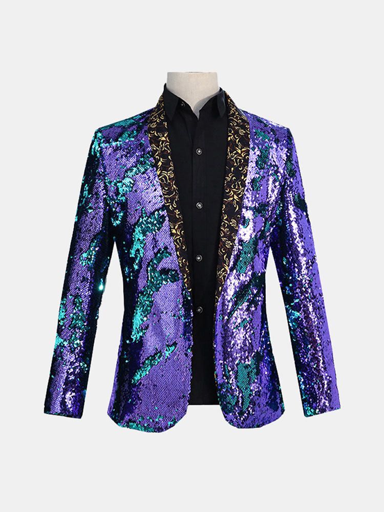 Vestido De Lentejuelas De Doble Color Reversible Para Hombre Traje De Boda De Escenario Con Cuello Floral Blazers Casuales