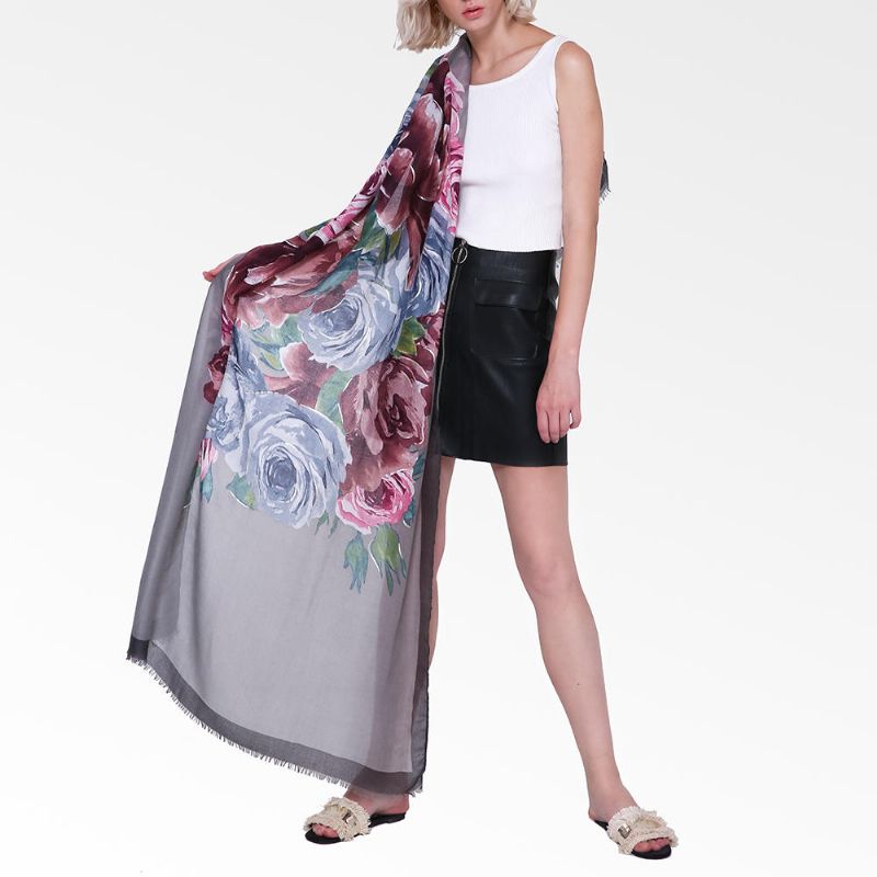 90 * 180 cm Bufanda Con Estampado Floral De Lino De Verano Vintage Para Mujer