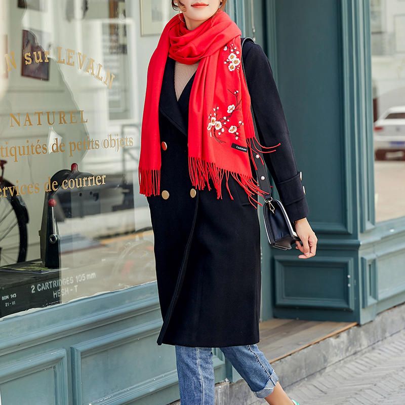 Bufanda Con Borlas Bordadas De Ciruela Estilo Cachemira De Invierno Para Mujer