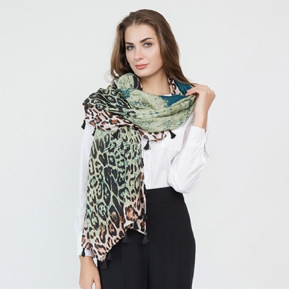 Bufanda Con Flecos Y Borlas De Moda Con Estampado De Leopardo Degradado Para Mujer