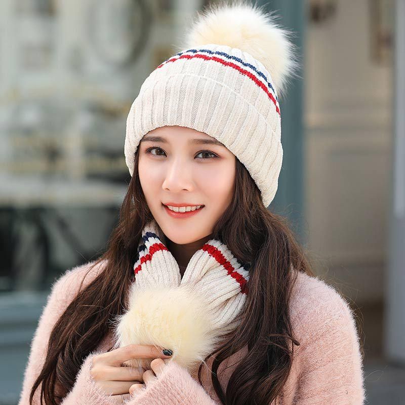 Gorro De Lana De Ciclismo De Punto A Rayas De Doble Uso Para Invierno Para Mujer