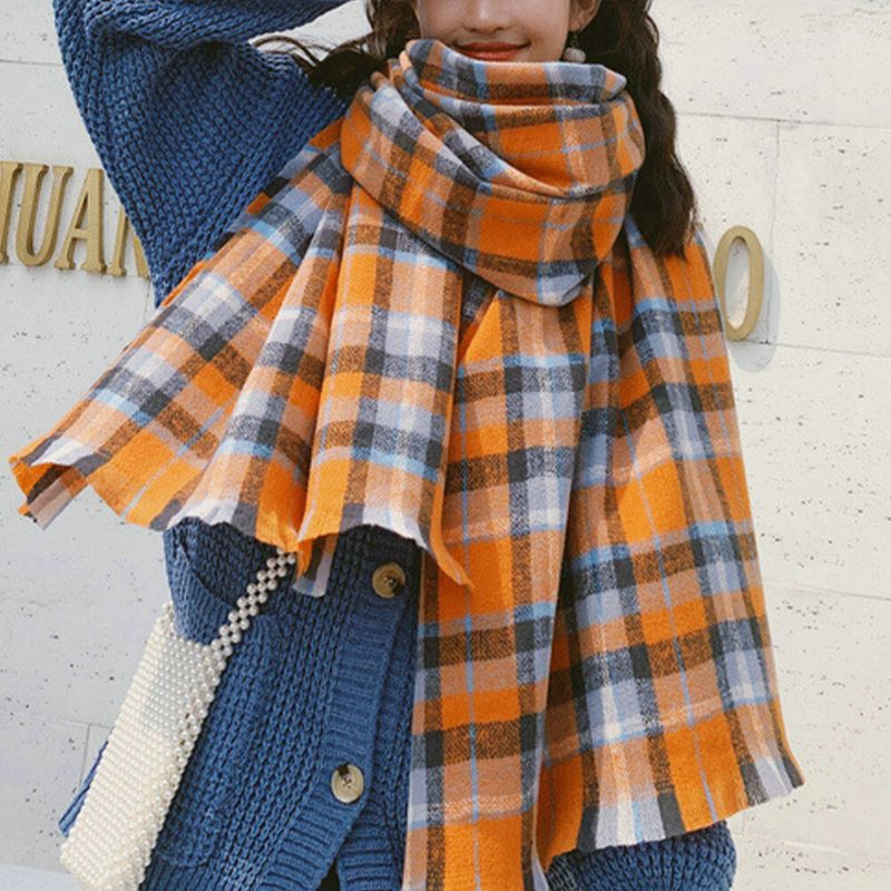 Mujeres Cachemira De Doble Uso Patrón De Cuadros Retro Color Mezclado Bufanda De Protección Para El Cuello Cálido Chal