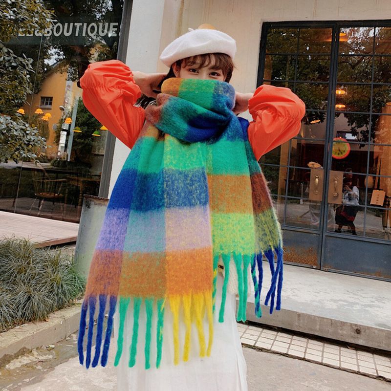 Mujeres Faux Cashmere Rainbow Patchwork Color Grueso Cálido Patrón De Cuadros Bufanda Con Borlas Y Chal