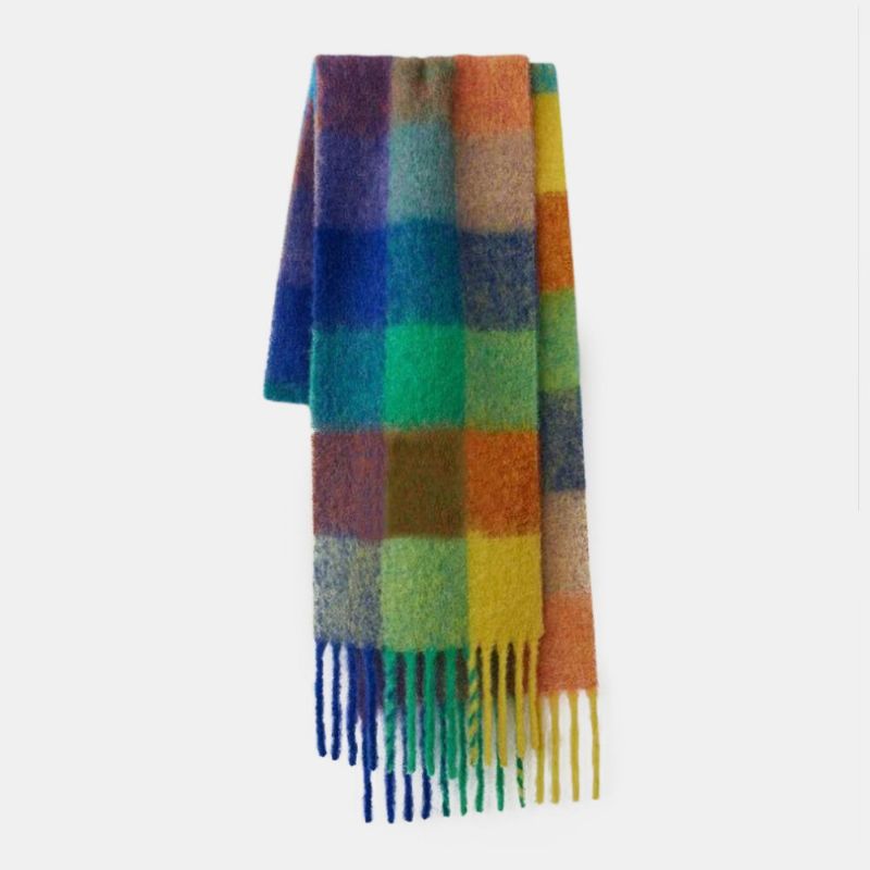 Mujeres Faux Cashmere Rainbow Patchwork Color Grueso Cálido Patrón De Cuadros Bufanda Con Borlas Y Chal