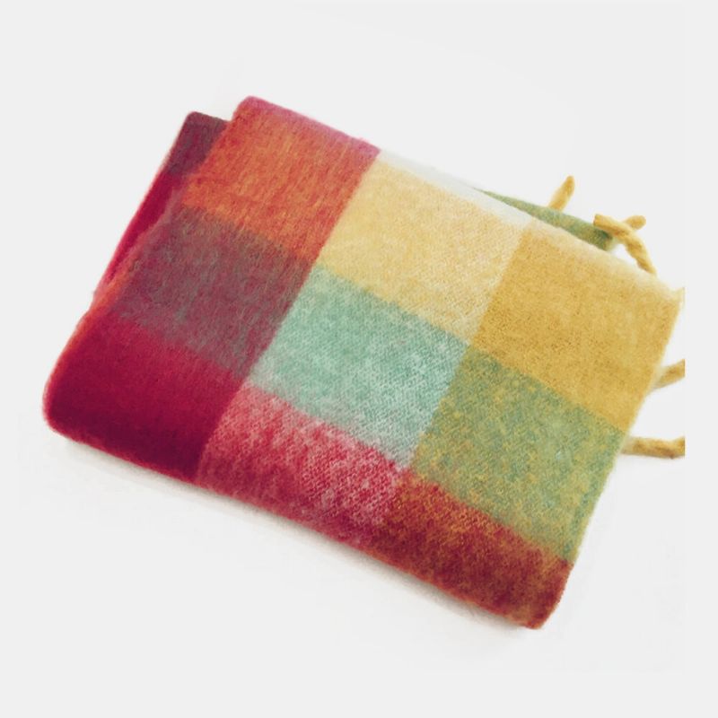 Mujeres Faux Cashmere Rainbow Patchwork Color Grueso Cálido Patrón De Cuadros Tassel Chal Bufanda