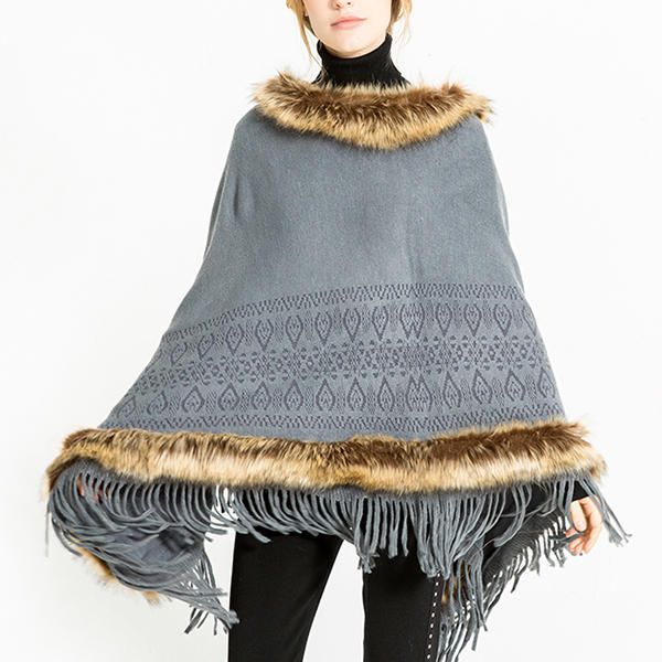 Poncho De Piel Sólida Con Borlas Para Mujer Y Bufandas Cálidas Con Capucha