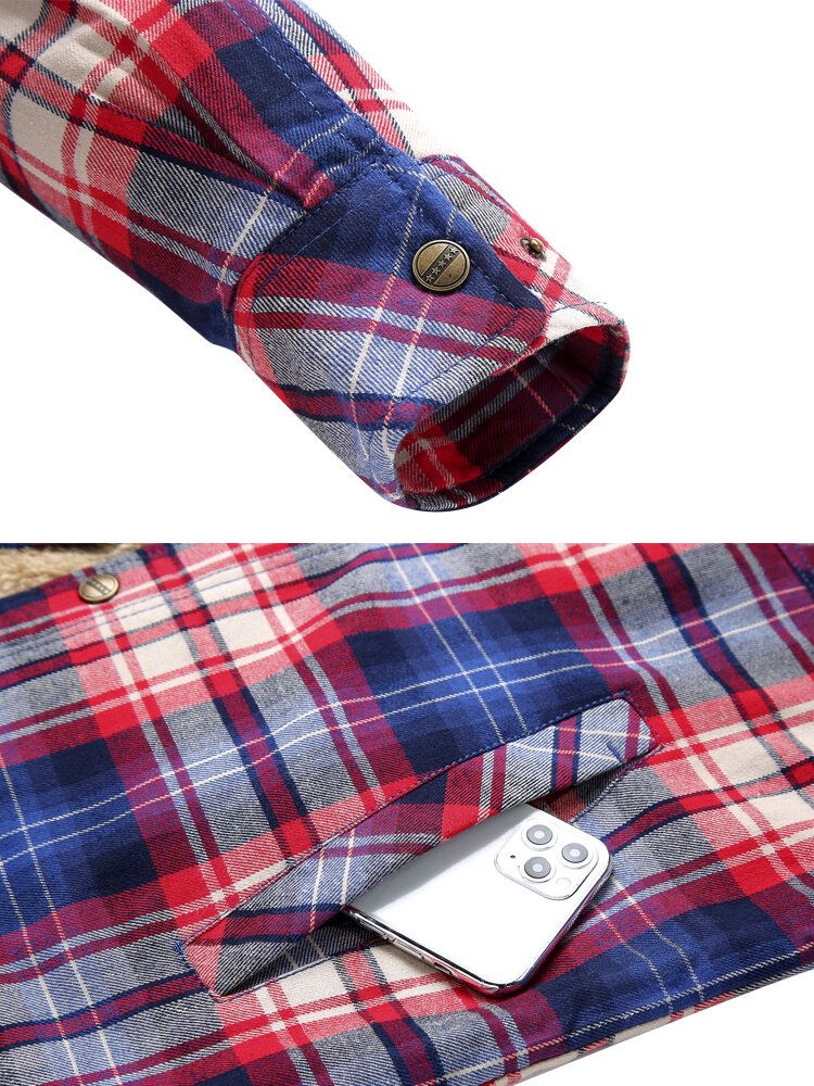 Camisa De Botones A Presión Gruesa Con Forro De Felpa A Cuadros 100% Algodón Para Hombre Abrigos Con Capucha