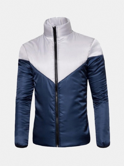 Chaqueta Acolchada De Algodón Para Hombre Bolsillo Con Cremallera Oculto Lateral Abrigo De Cuello Alto Con Empalme De Color En Forma De V