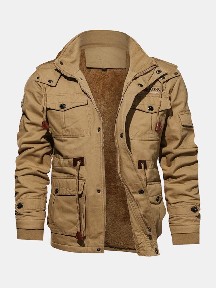 Chaqueta De Algodón Casual Con Múltiples Bolsillos Con Capucha Y Forro Polar De Invierno Para Hombre