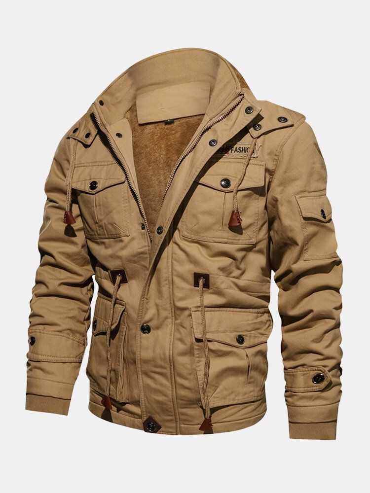 Chaqueta De Algodón Casual Con Múltiples Bolsillos Con Capucha Y Forro Polar De Invierno Para Hombre