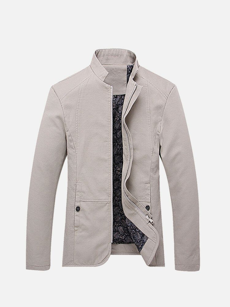 Chaqueta De Algodón De Color Sólido Con Cuello Alto Elegante Para Hombres