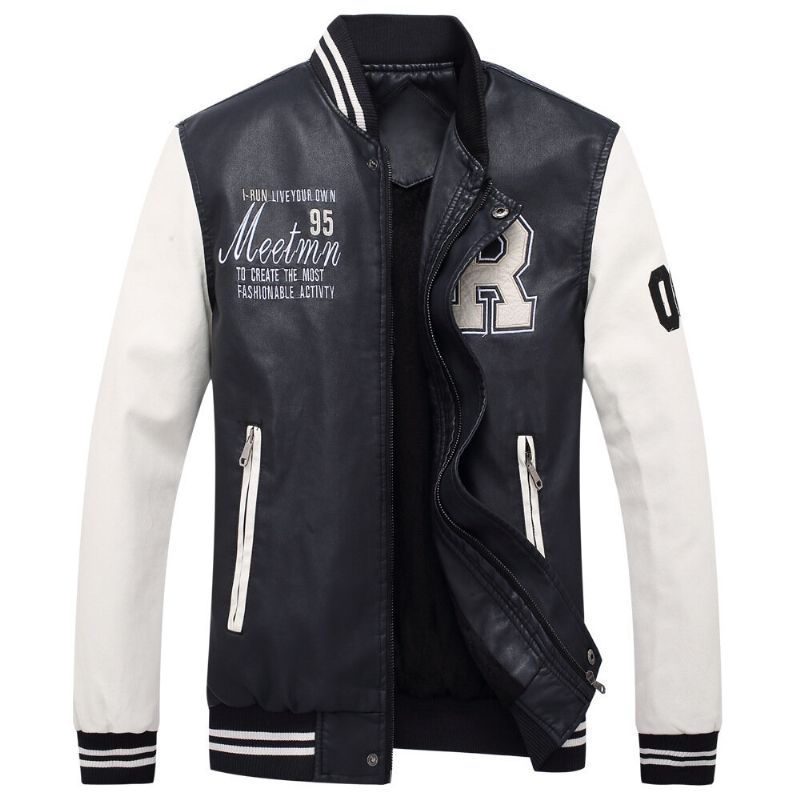 Chaqueta De Béisbol De Corte Entallado Con Insignia De Retazos De Cuero Pu Estilo Motocicleta Para Hombre