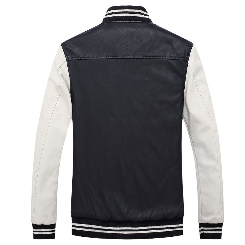 Chaqueta De Béisbol De Corte Entallado Con Insignia De Retazos De Cuero Pu Estilo Motocicleta Para Hombre