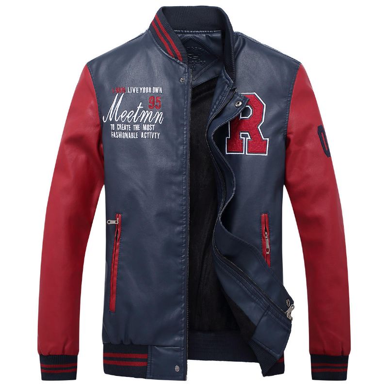 Chaqueta De Béisbol De Corte Entallado Con Insignia De Retazos De Cuero Pu Estilo Motocicleta Para Hombre