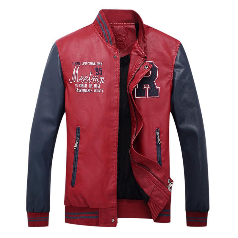 Chaqueta De Béisbol De Corte Entallado Con Insignia De Retazos De Cuero Pu Estilo Motocicleta Para Hombre